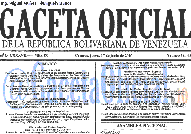 Gaceta Oficial 39448 del 17 Junio 2010