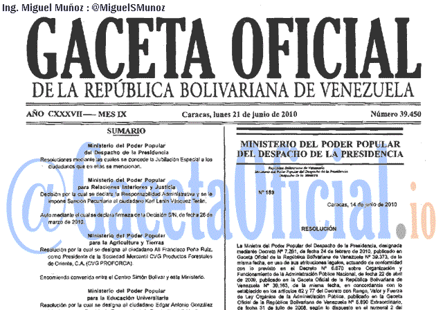 Gaceta Oficial 39450 del 21 Junio 2010