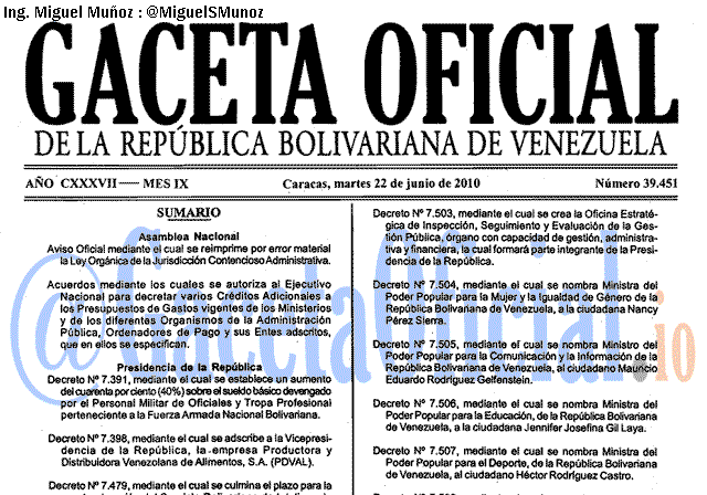 Gaceta Oficial 39451 del 22 Junio 2010