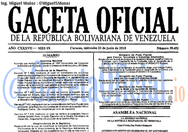 Gaceta Oficial 39452 del 23 Junio 2010
