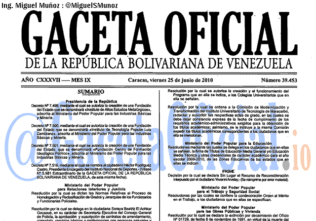 Gaceta Oficial 39453 del 25 Junio 2010
