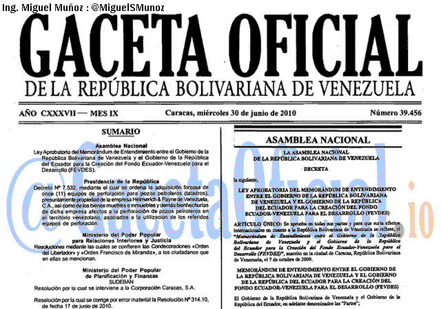 Gaceta Oficial 39456 del 30 Junio 2010