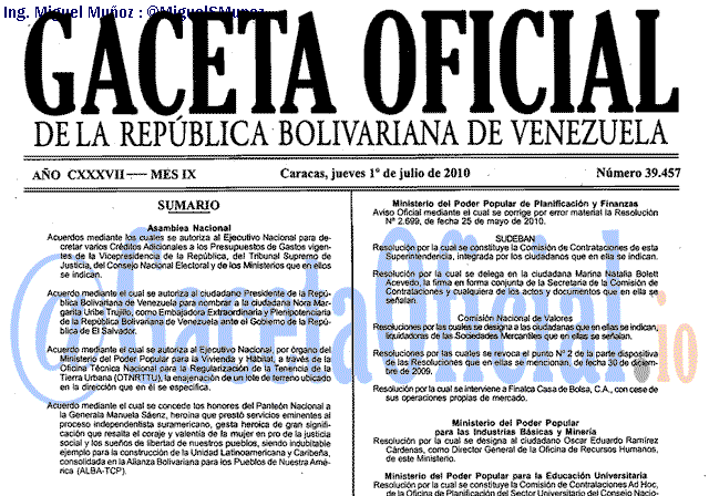 Gaceta Oficial 39457 del 1 Julio 2010