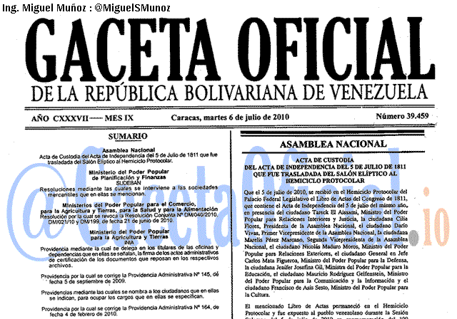 Gaceta Oficial 39459 del 6 Julio 2010