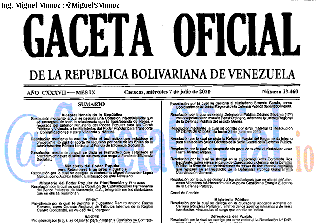 Gaceta Oficial 39460 del 7 Julio 2010