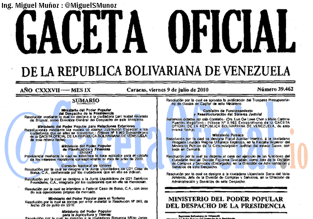 Gaceta Oficial 39462 del 9 Julio 2010