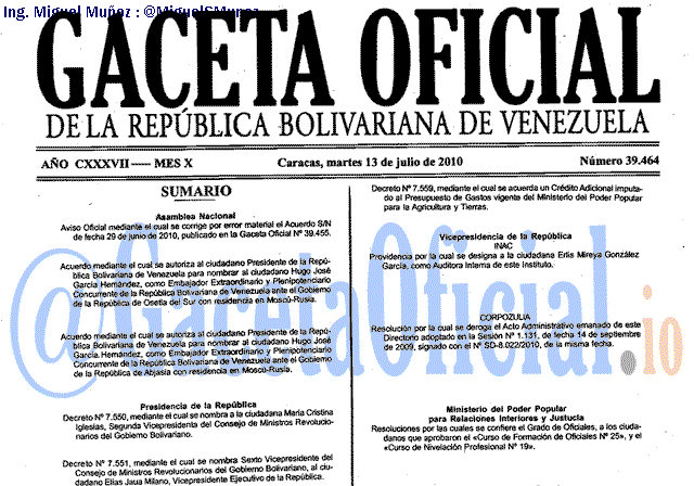 Gaceta Oficial 39464 del 13 Julio 2010