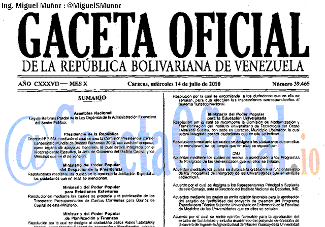 Gaceta Oficial 39465 del 14 Julio 2010