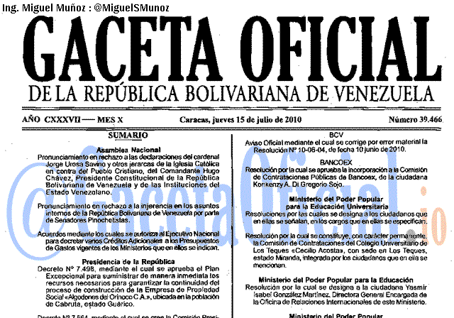 Gaceta Oficial 39466 del 15 Julio 2010