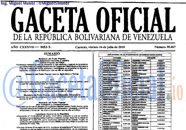 Gaceta Oficial 39467 del 16 Julio 2010