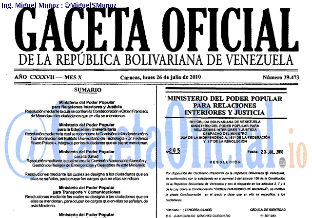 Gaceta Oficial 39473 del 26 Julio 2010