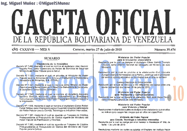 Gaceta Oficial 39474 del 27 Julio 2010
