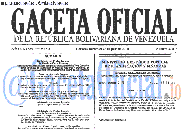 Gaceta Oficial 39475 del 28 Julio 2010