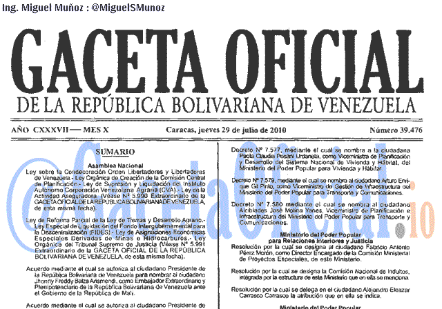 Gaceta Oficial 39476 del 29 Julio 2010