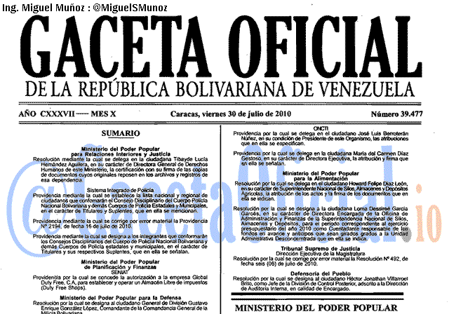 Gaceta Oficial 39477 del 30 Julio 2010