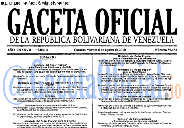 Gaceta Oficial 39482 del 6 Agosto 2010