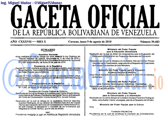 Gaceta Oficial 39483 del 9 Agosto 2010
