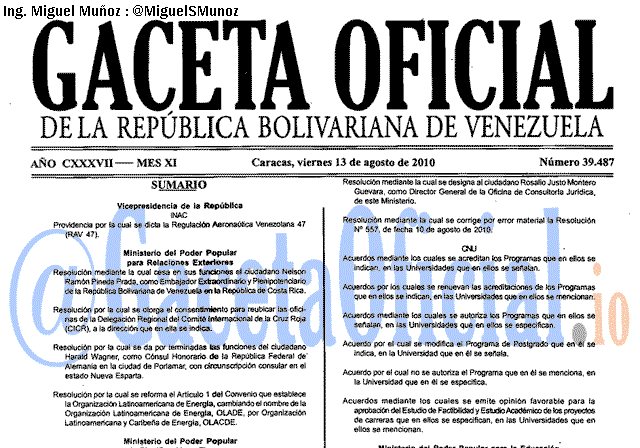 Gaceta Oficial 39487 del 13 Agosto 2010