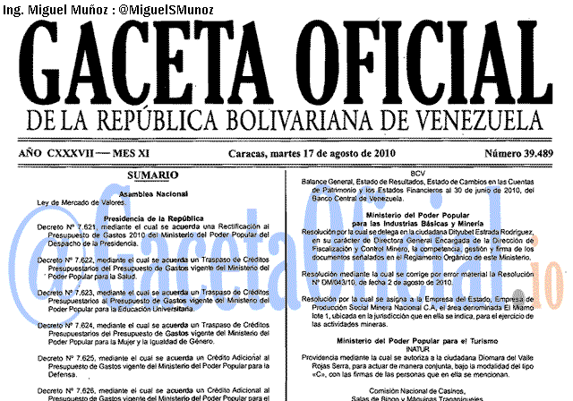 Gaceta Oficial 39489 del 17 Agosto 2010