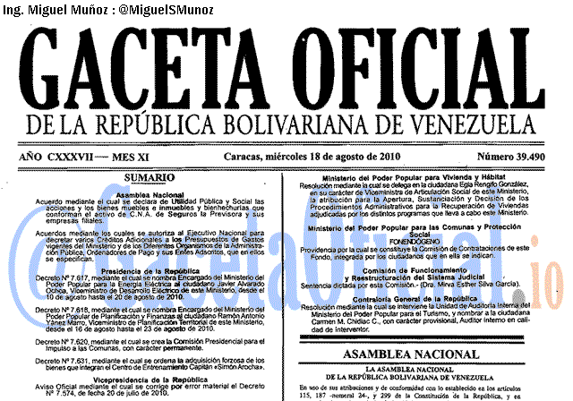 Gaceta Oficial 39490 del 18 Agosto 2010