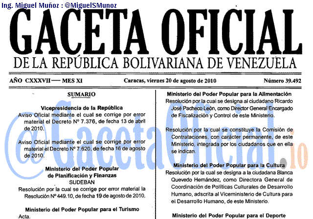 Gaceta Oficial 39492 del 20 Agosto 2010