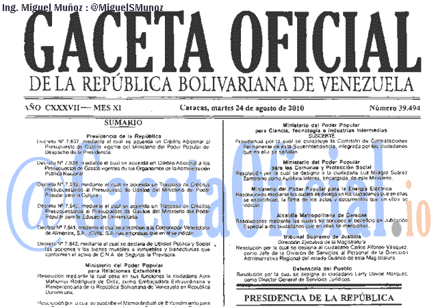 Gaceta Oficial 39494 del 24 Agosto 2010