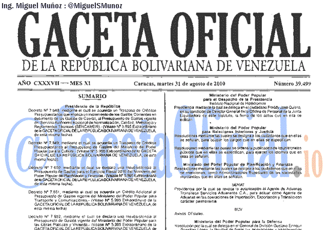 Gaceta Oficial 39499 del 31 Agosto 2010