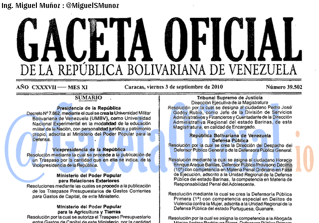 Gaceta Oficial 39502 del 3 Septiembre 2010