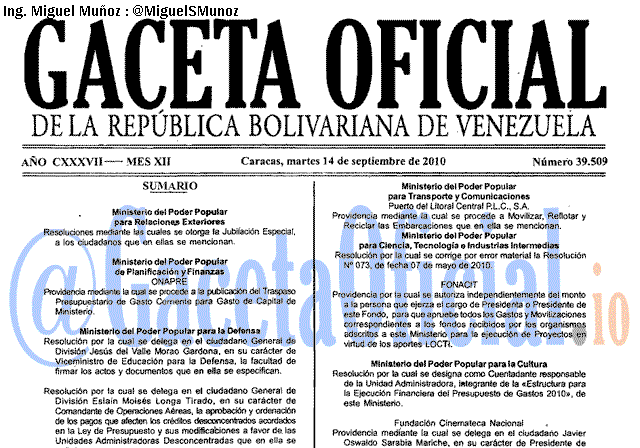 Gaceta Oficial 39509 del 14 Septiembre 2010
