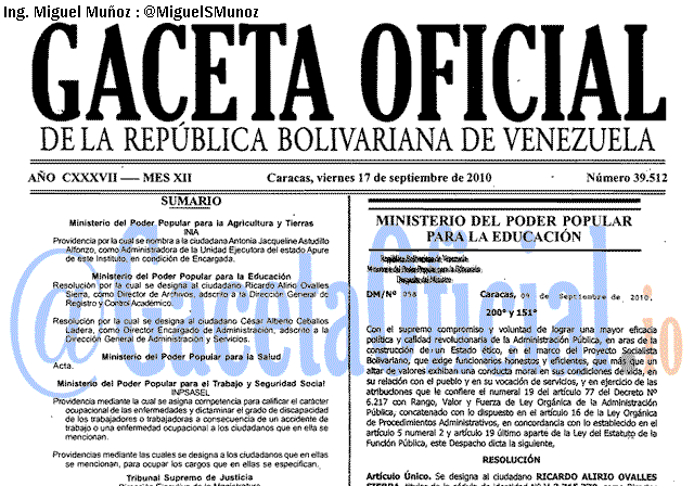 Gaceta Oficial 39512 del 17 Septiembre 2010