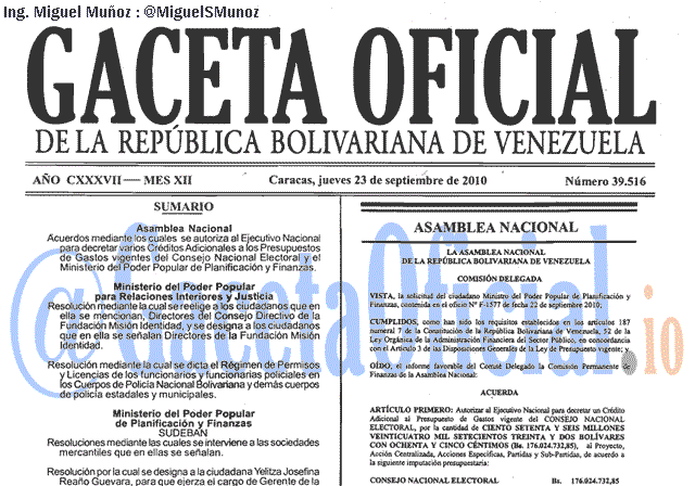 Gaceta Oficial 39516 del 23 Septiembre 2010