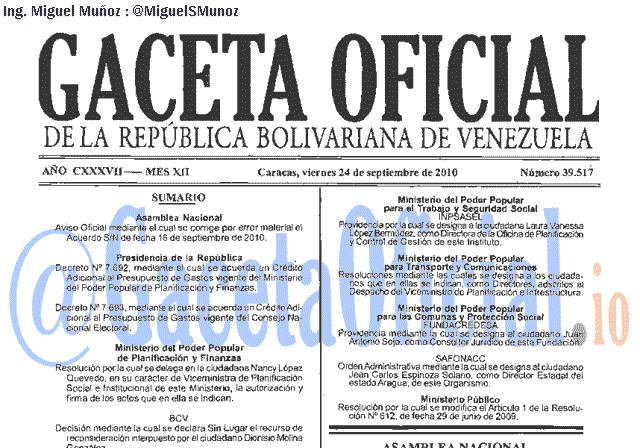 Gaceta Oficial 39517 del 24 Septiembre 2010