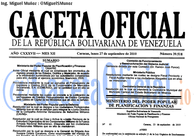 Gaceta Oficial 39518 del 27 Septiembre 2010