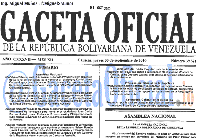 Gaceta Oficial 39521 del 30 Septiembre 2010