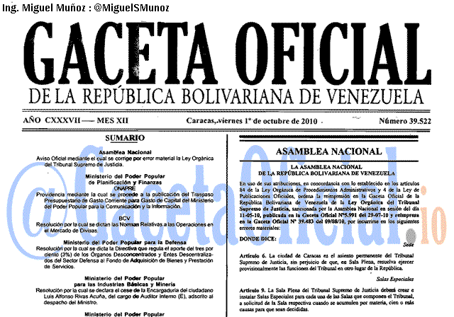 Gaceta Oficial 39522 del 1 Octubre 2010