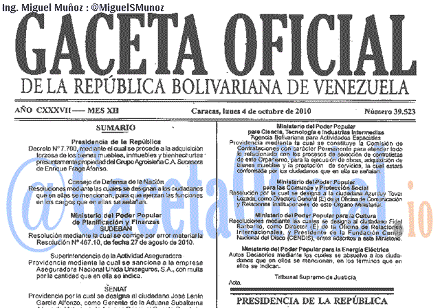 Gaceta Oficial 39523 del 4 Octubre 2010