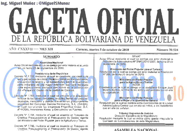 Gaceta Oficial 39524 del 5 Octubre 2010