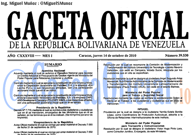 Gaceta Oficial 39530 del 14 Octubre 2010