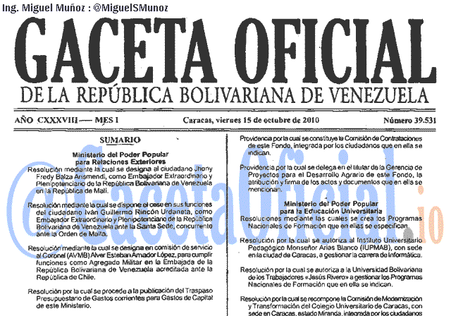 Gaceta Oficial 39531 del 15 Octubre 2010
