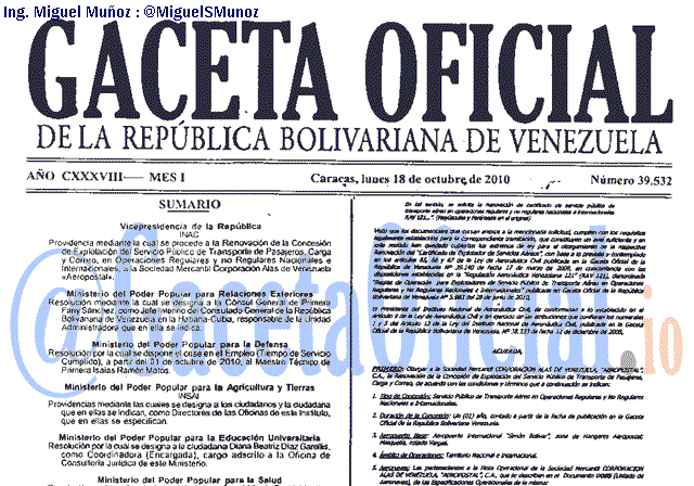 Gaceta Oficial 39532 del 18 Octubre 2010