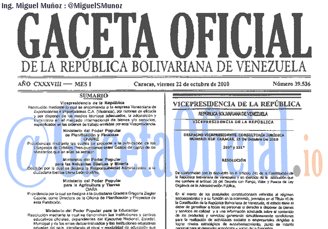 Gaceta Oficial 39536 del 22 Octubre 2010