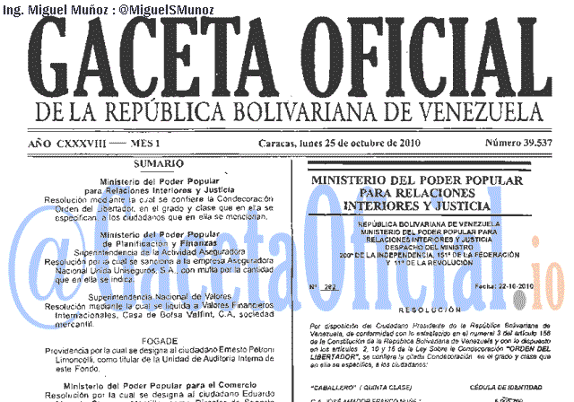 Gaceta Oficial 39537 del 25 Octubre 2010