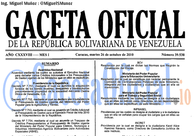 Gaceta Oficial 39538 del 26 Octubre 2010