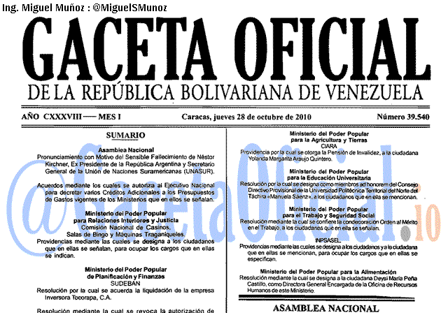 Gaceta Oficial 39540 del 28 Octubre 2010