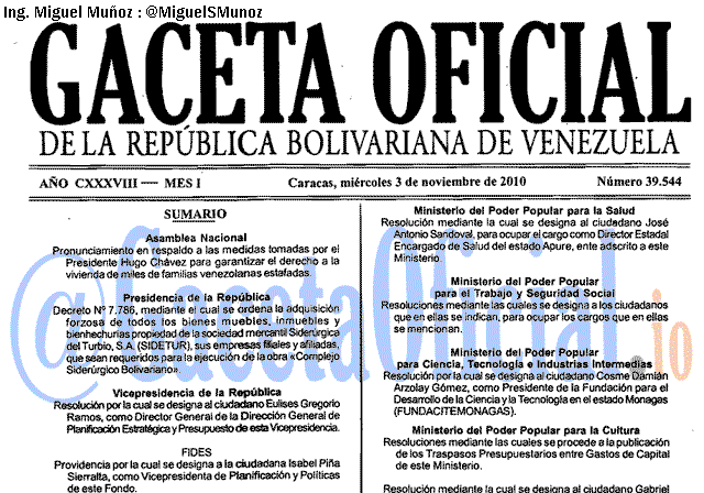 Gaceta Oficial 39544 del 3 Noviembre 2010