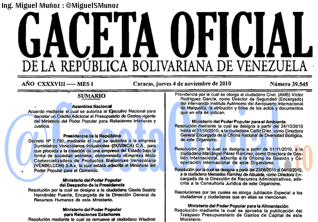 Gaceta Oficial 39545 del 4 Noviembre 2010