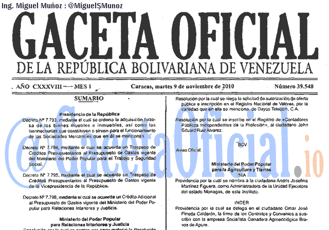 Gaceta Oficial 39548 del 9 Noviembre 2010