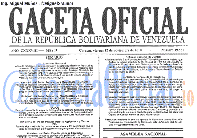 Gaceta Oficial 39551 del 12 Noviembre 2010