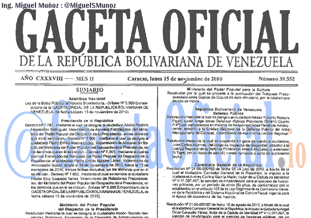 Gaceta Oficial 39552 del 15 Noviembre 2010