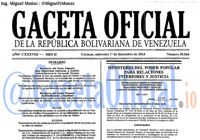 Gaceta Oficial 39564 del 1 Diciembre 2010